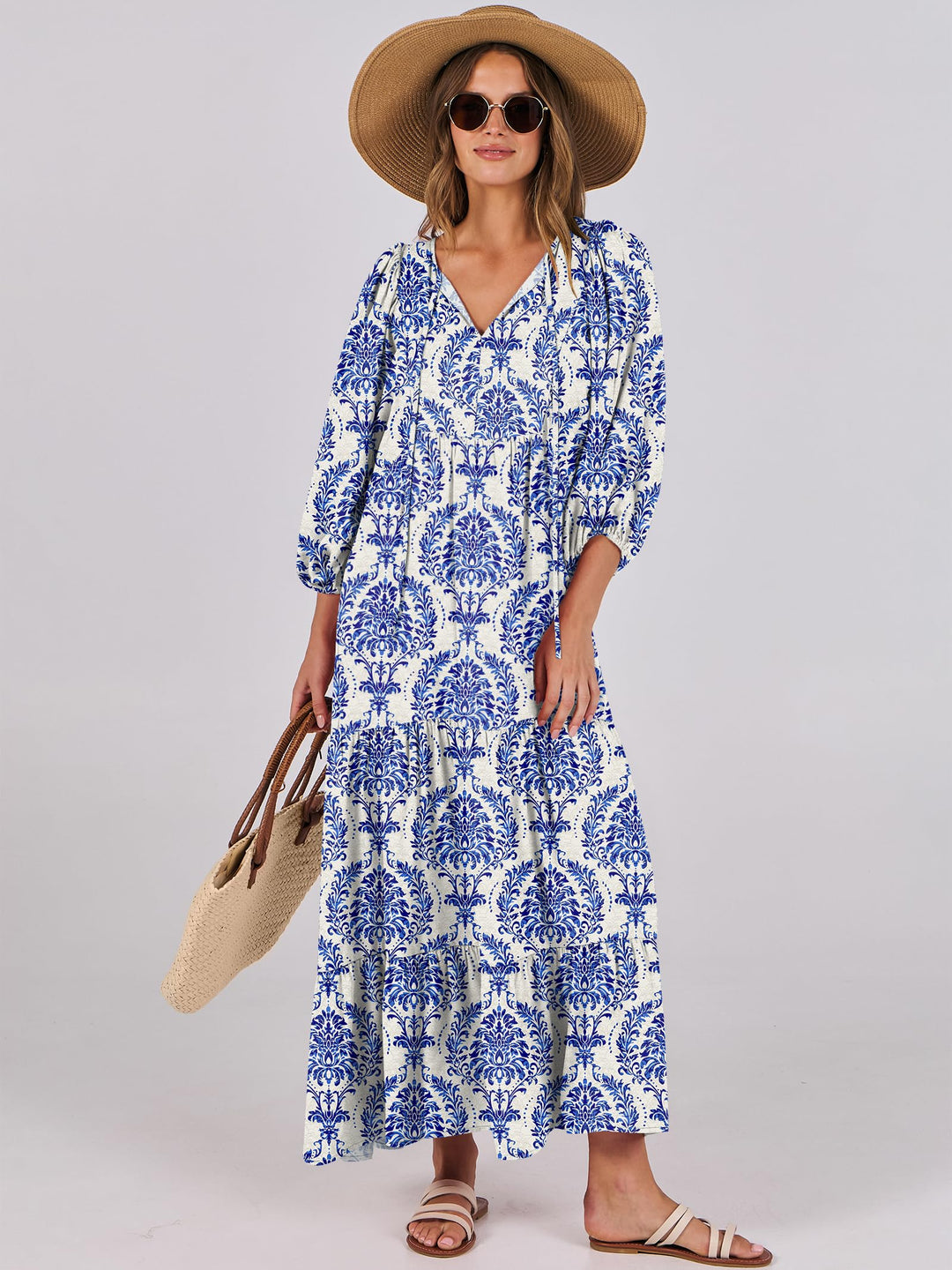 ANRABESS Womens Boho Maxi Dresses 2025 Summer V Neck Puff Sleeve Floral Flowy Swing Fall Casual Long Dress