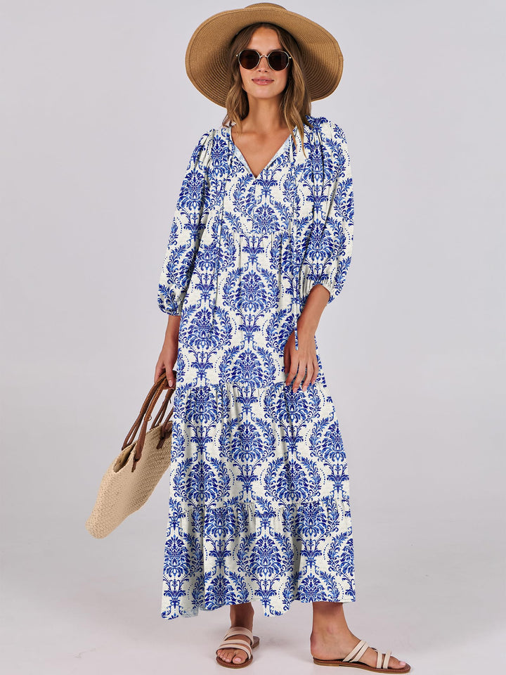 ANRABESS Womens Boho Maxi Dresses 2025 Summer V Neck Puff Sleeve Floral Flowy Swing Fall Casual Long Dress