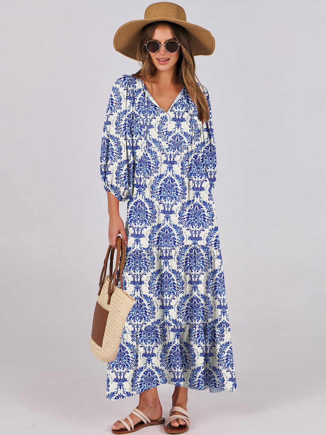 ANRABESS Womens Boho Maxi Dresses 2025 Summer V Neck Puff Sleeve Floral Flowy Swing Fall Casual Long Dress