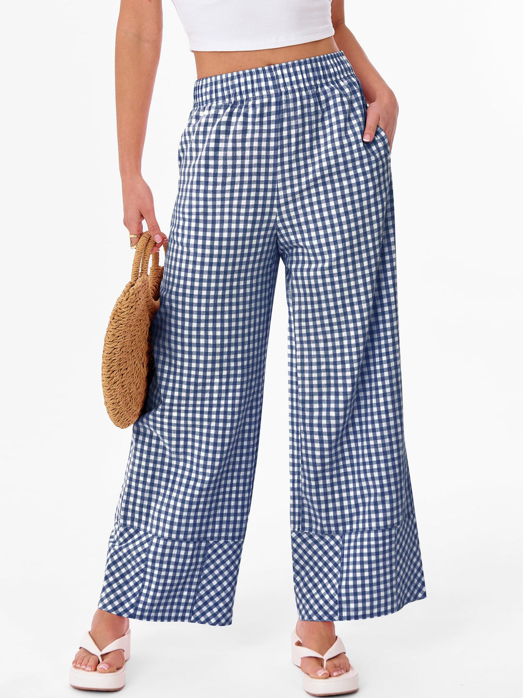 ANRABESS Womens Gingham Striped Boxer Pants Pajama Lounge PJ Bottoms Plaid Wide Leg Casual Cute Fall Trousers with Pockets