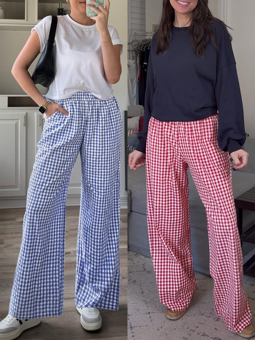 ANRABESS Womens Striped Gingham Palazzo Pants Wide Leg High Waisted Lounge Pajama Pants Cute Casual Trousers with Pockets