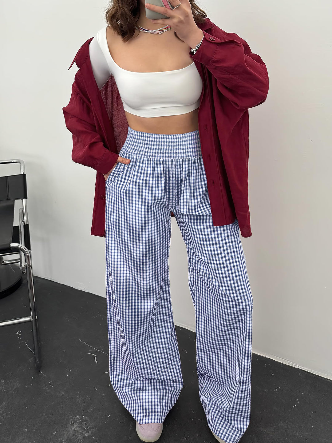 ANRABESS Womens Striped Gingham Palazzo Pants Wide Leg High Waisted Lounge Pajama Pants Cute Casual Trousers with Pockets