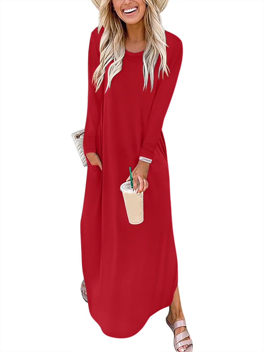 ANRABESS Women's Long Sleeve Maxi Dresses 2025 Fall Outfits Casual Loose Split Travel Vacation T Shirt Dress with Pockets
