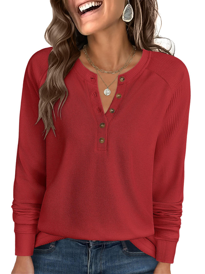 ANRABESS Women's Long Sleeve Waffle Knit Shirts Dressy Casual Loose Button Up V Neck Henley Tops 2025 Fall Basic Tee Blouse