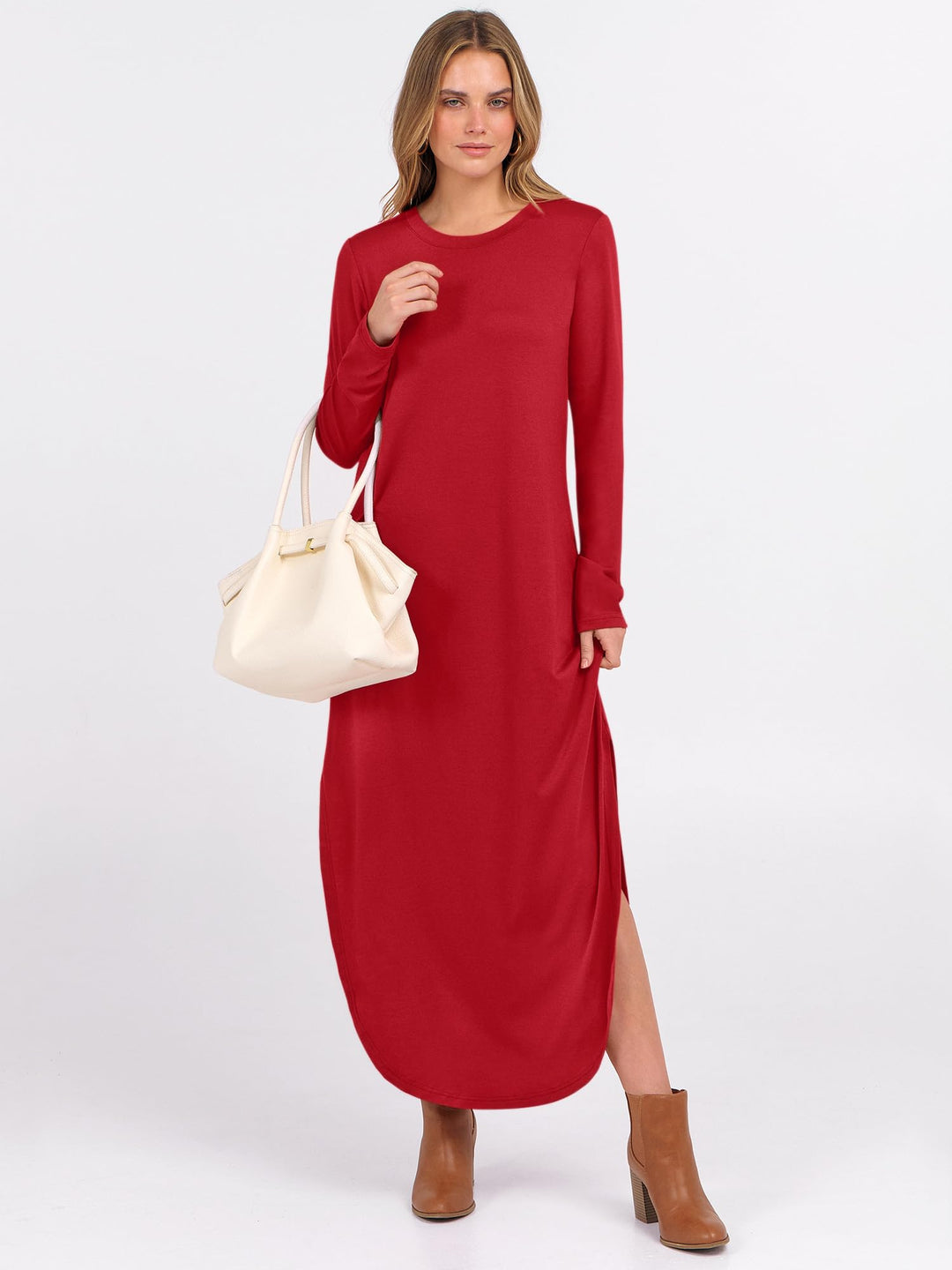 ANRABESS Women's Long Sleeve Maxi Dresses 2025 Fall Outfits Casual Loose Split Travel Vacation T Shirt Dress with Pockets