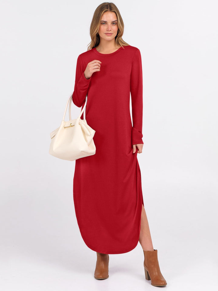 ANRABESS Women's Long Sleeve Maxi Dresses 2025 Fall Outfits Casual Loose Split Travel Vacation T Shirt Dress with Pockets