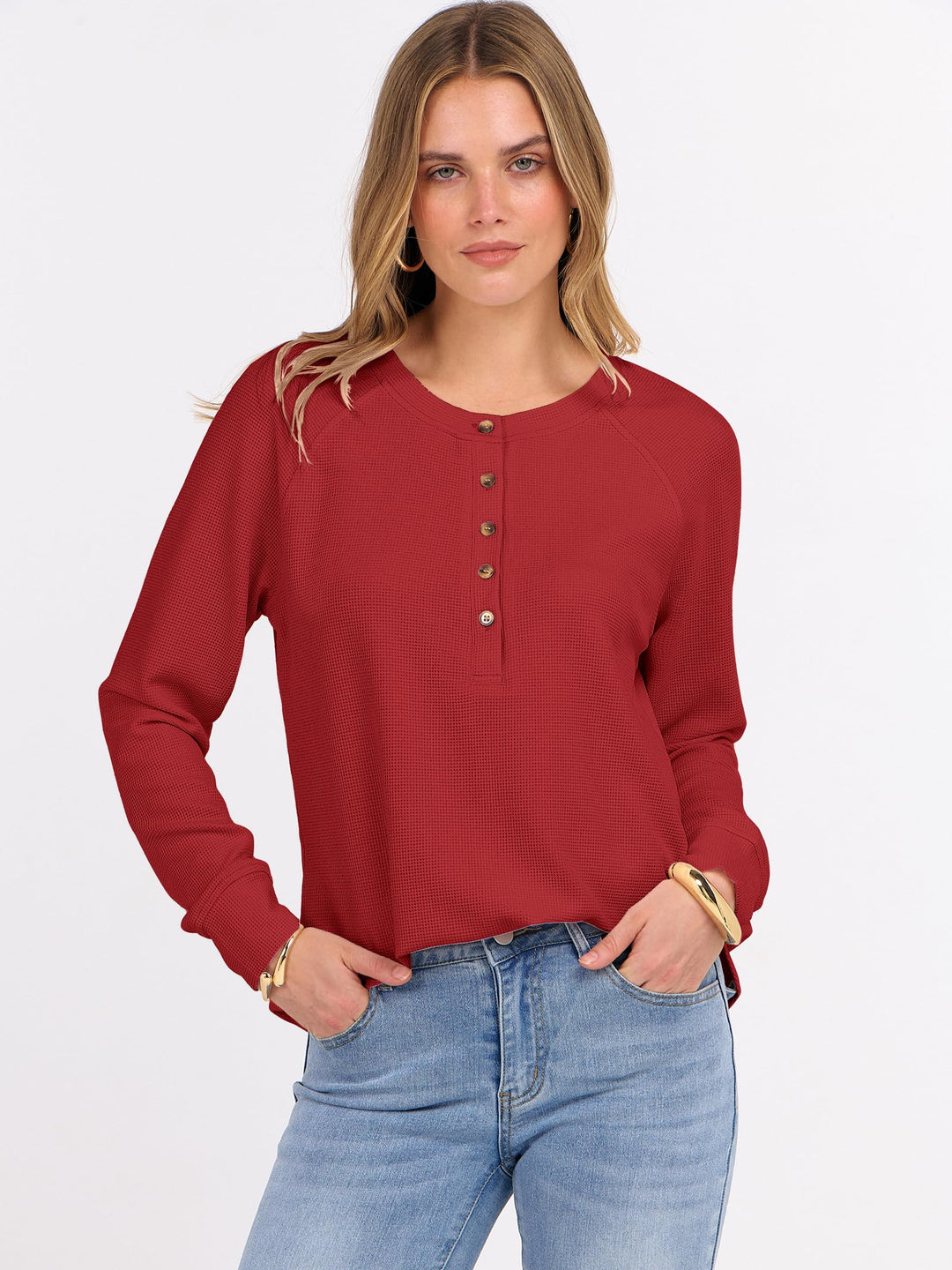 ANRABESS Women's Long Sleeve Waffle Knit Shirts Dressy Casual Loose Button Up V Neck Henley Tops 2025 Fall Basic Tee Blouse