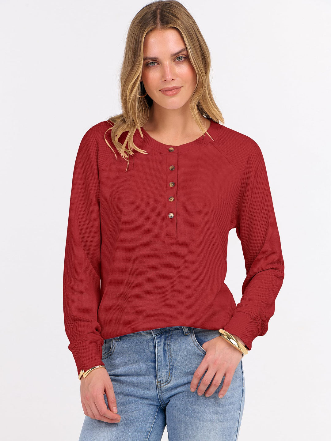 ANRABESS Women's Long Sleeve Waffle Knit Shirts Dressy Casual Loose Button Up V Neck Henley Tops 2025 Fall Basic Tee Blouse
