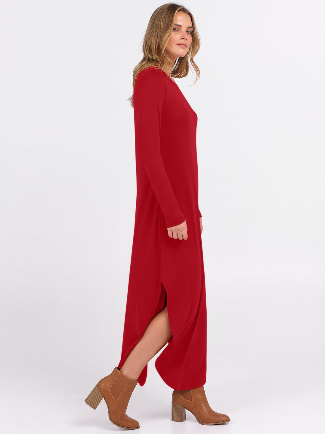 ANRABESS Women's Long Sleeve Maxi Dresses 2025 Fall Outfits Casual Loose Split Travel Vacation T Shirt Dress with Pockets