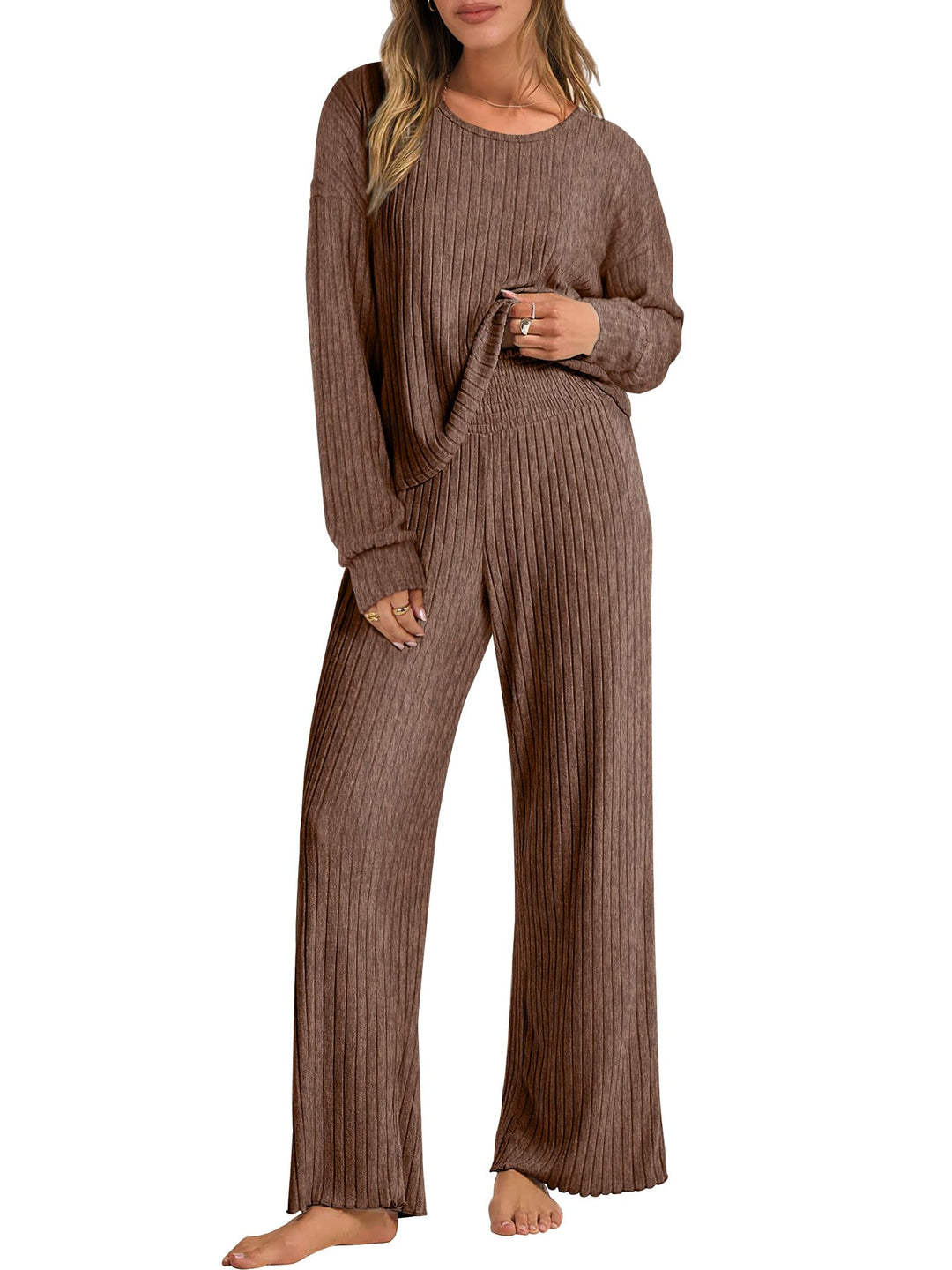 ANRABESS Women 2 Piece Lounge Pajamas Sets Casual Ribbed Knit Long Sleeve Top Pants Matching Set 2025 Fall Outfits Clothes