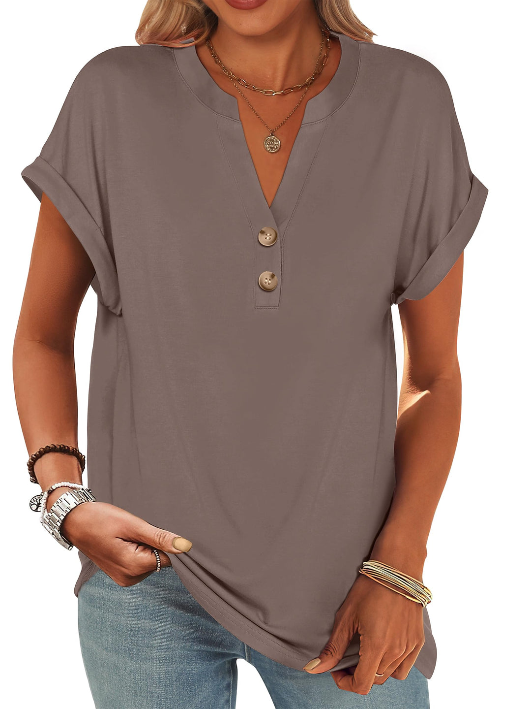 ANRABESS Womens Short Sleeve Henley Tops V Neck Dressy Casual Blouses Summer Trendy Tee Shirts 2025 Vacation Fashion Clothes
