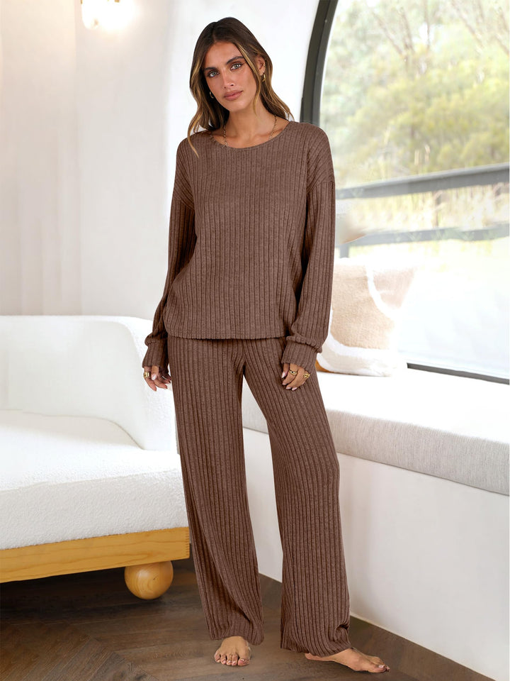 ANRABESS Women 2 Piece Lounge Pajamas Sets Casual Ribbed Knit Long Sleeve Top Pants Matching Set 2025 Fall Outfits Clothes