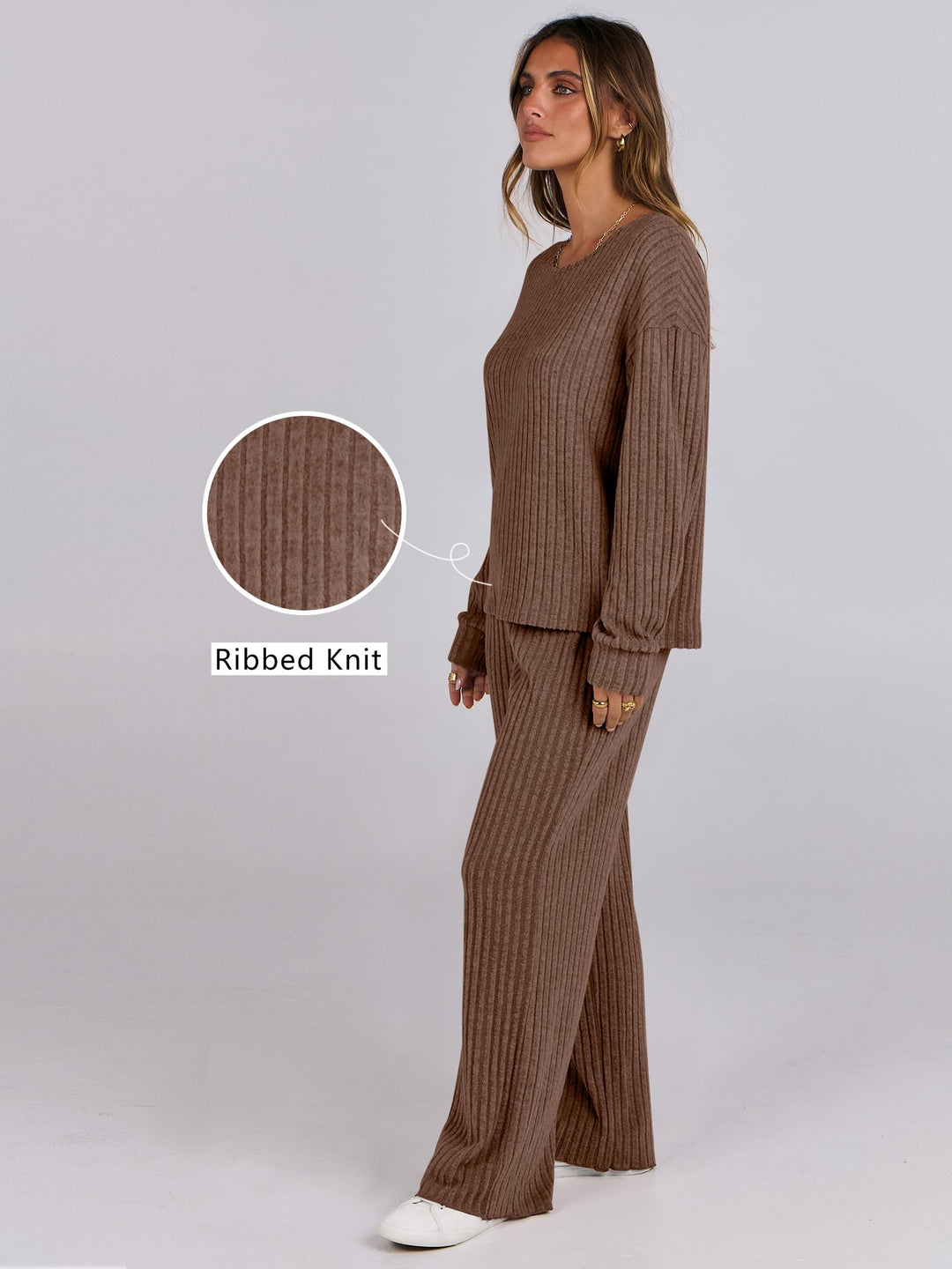 ANRABESS Women 2 Piece Lounge Pajamas Sets Casual Ribbed Knit Long Sleeve Top Pants Matching Set 2025 Fall Outfits Clothes