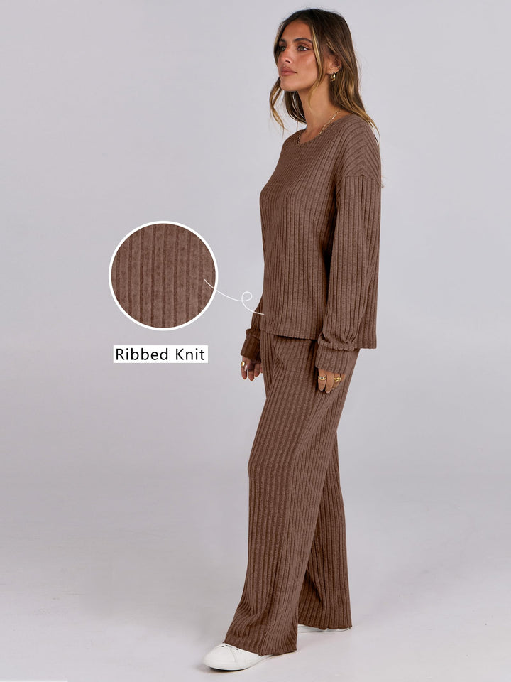 ANRABESS Women 2 Piece Lounge Pajamas Sets Casual Ribbed Knit Long Sleeve Top Pants Matching Set 2025 Fall Outfits Clothes