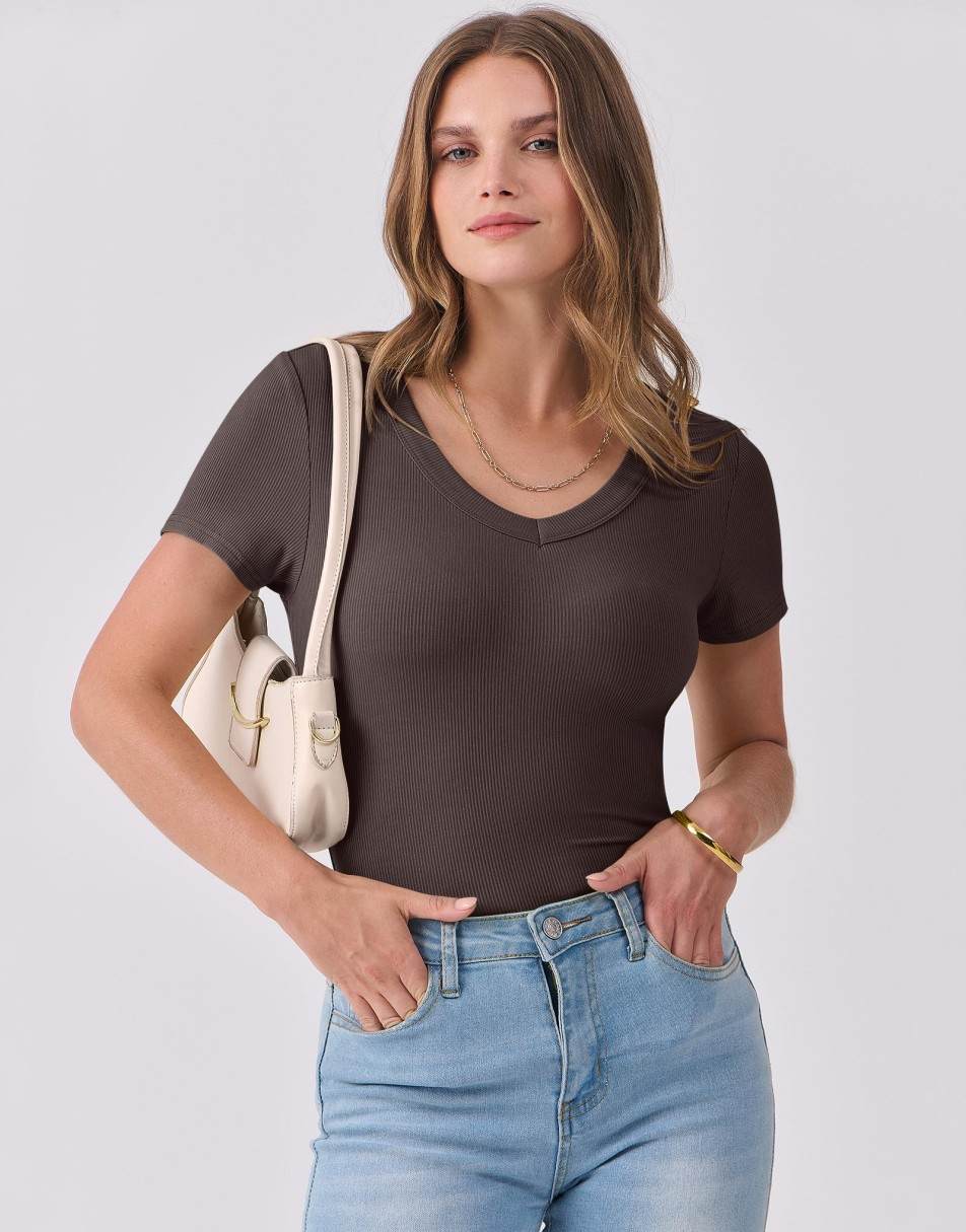 ANRABESS Women Short Sleeve V Neck Ribbed Knit Fitted Shirts Basic Tees Tops 2025 Summer Casual T-Shirts Going Out Outfits
