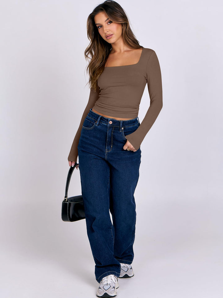 ANRABESS Women Long Sleeve Shirts Crop Tops Double Lined Square Neck Tight Fitted Going Out Basic Tee 2025 Y2K Fall Outifis
