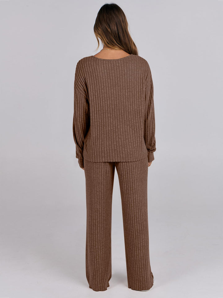 ANRABESS Women 2 Piece Lounge Pajamas Sets Casual Ribbed Knit Long Sleeve Top Pants Matching Set 2025 Fall Outfits Clothes
