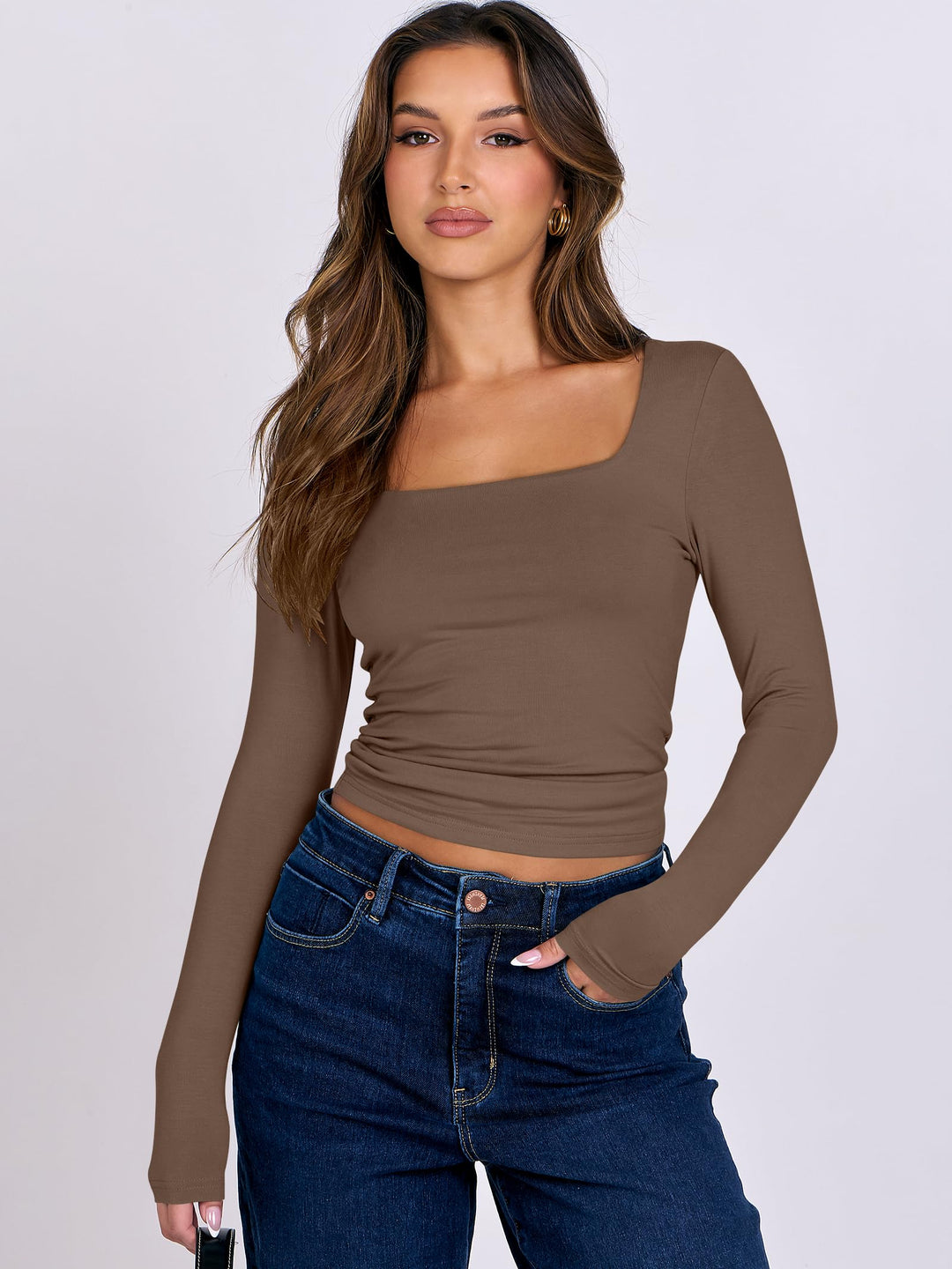 ANRABESS Women Long Sleeve Shirts Crop Tops Double Lined Square Neck Tight Fitted Going Out Basic Tee 2025 Y2K Fall Outifis