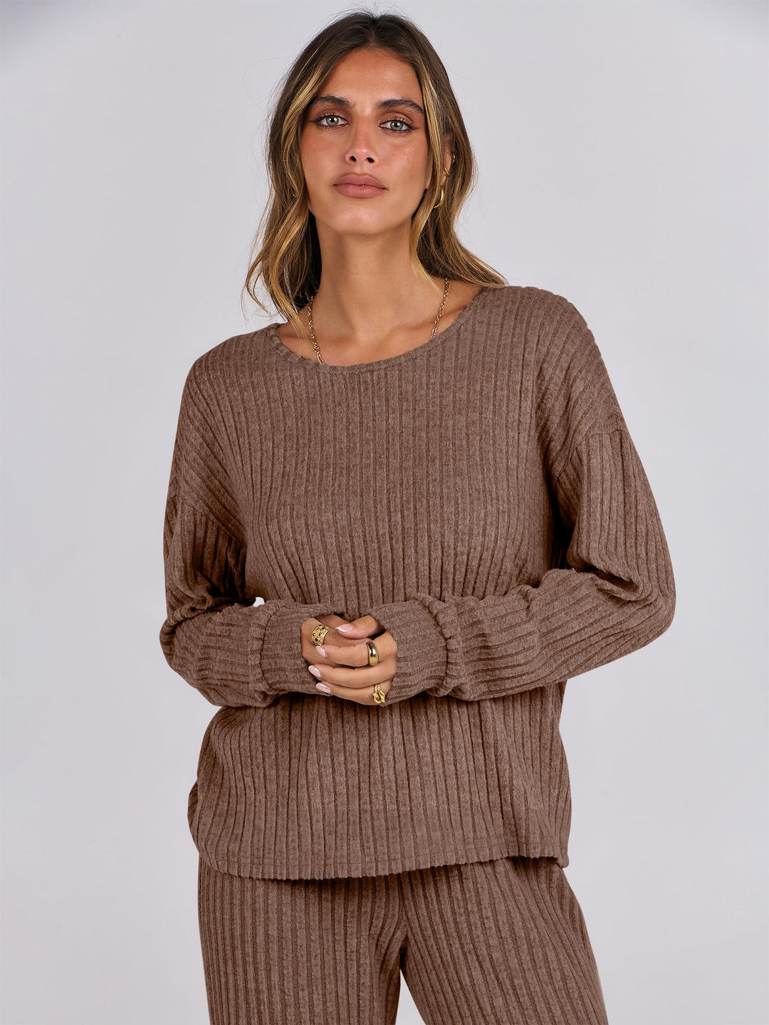 ANRABESS Women 2 Piece Lounge Pajamas Sets Casual Ribbed Knit Long Sleeve Top Pants Matching Set 2025 Fall Outfits Clothes