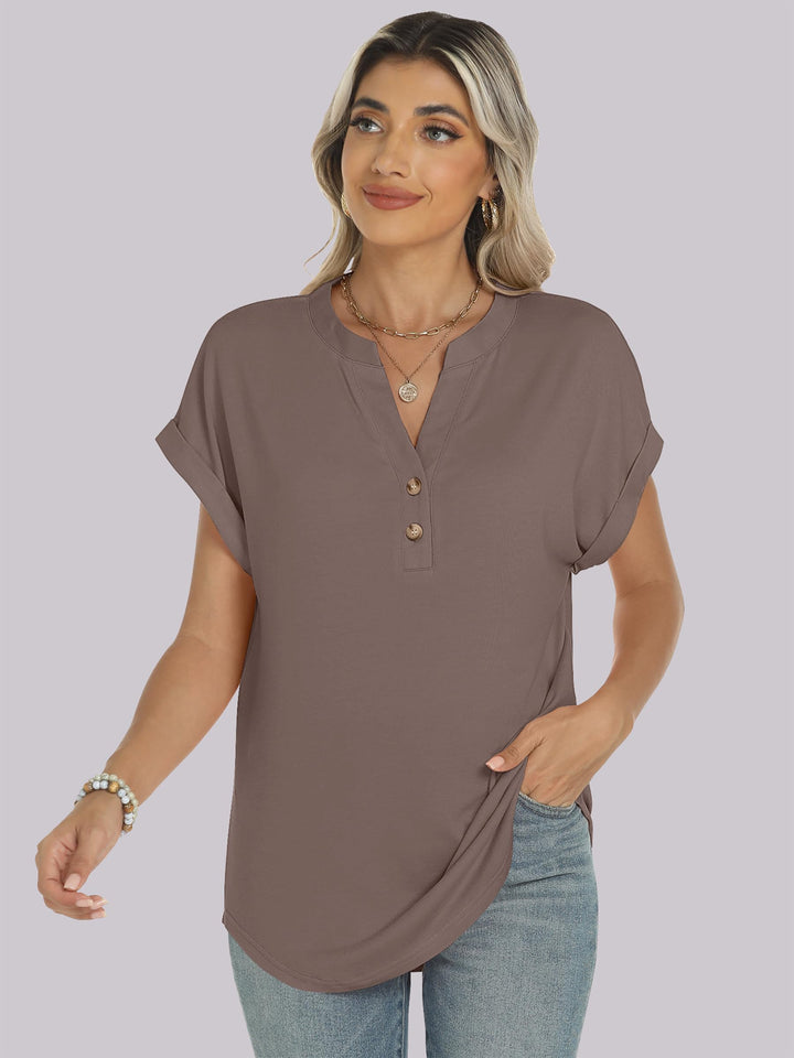 ANRABESS Womens Short Sleeve Henley Tops V Neck Dressy Casual Blouses Summer Trendy Tee Shirts 2025 Vacation Fashion Clothes