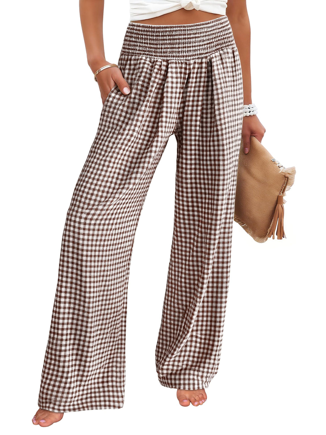 ANRABESS Womens Striped Gingham Palazzo Pants Wide Leg High Waisted Lounge Pajama Pants Cute Casual Trousers with Pockets