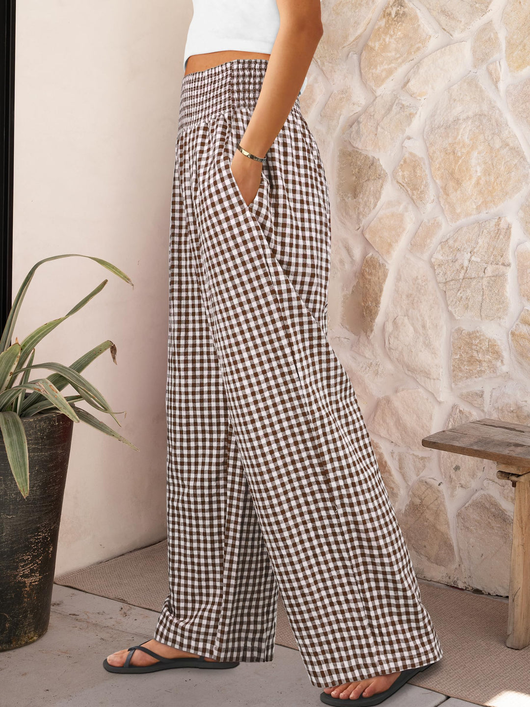 ANRABESS Womens Striped Gingham Palazzo Pants Wide Leg High Waisted Lounge Pajama Pants Cute Casual Trousers with Pockets