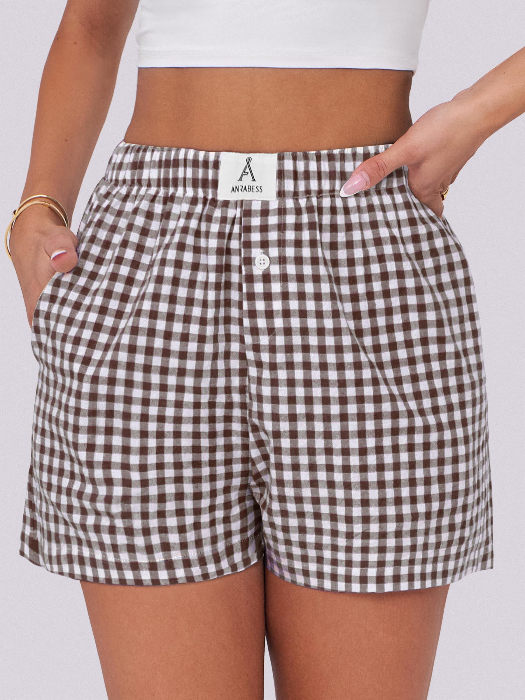 ANRABESS Womens Ruffle Boxer Shorts Gingham Elastic Waist Summer Casua
