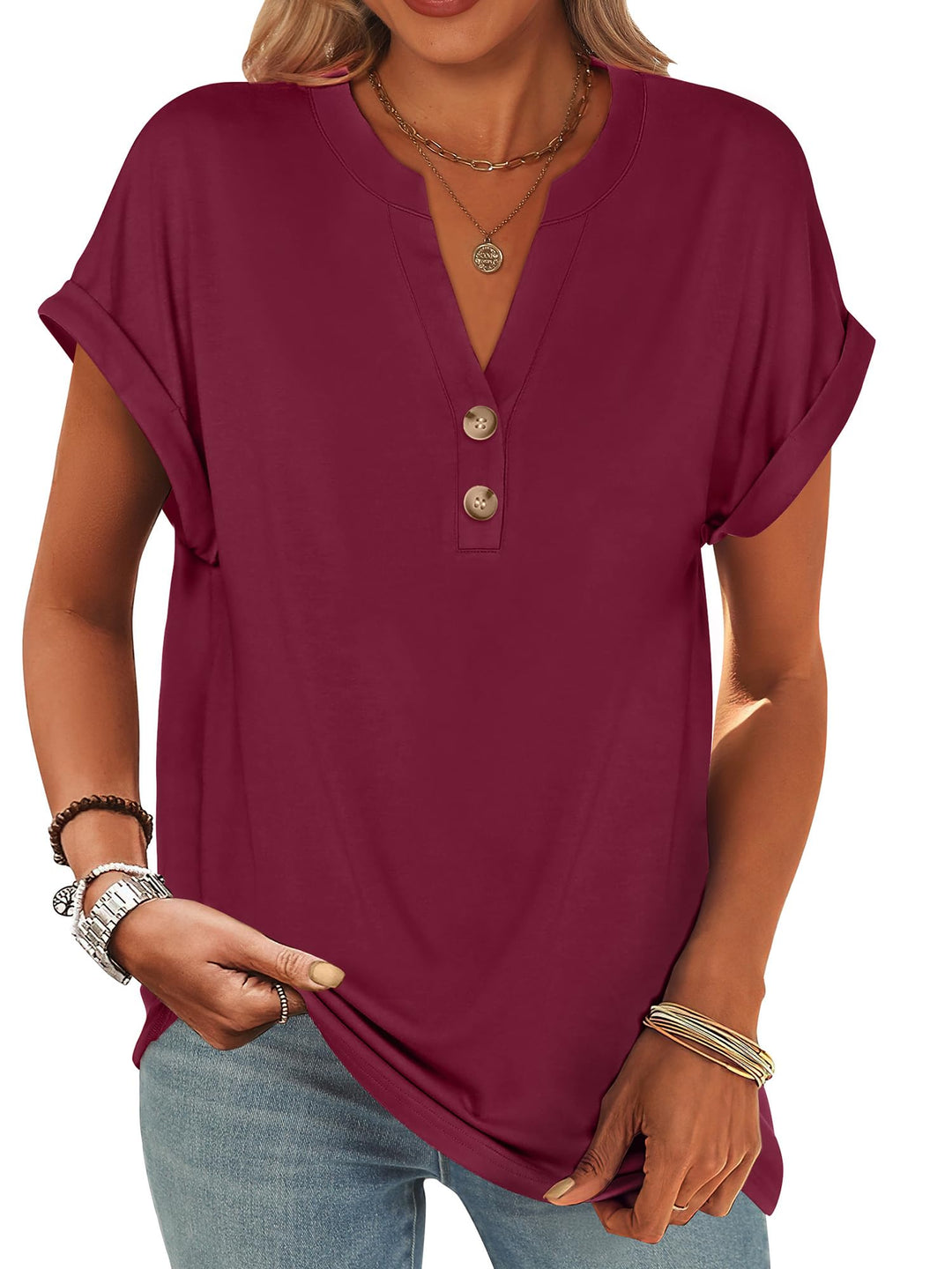ANRABESS Womens Short Sleeve Henley Tops V Neck Dressy Casual Blouses Summer Trendy Tee Shirts 2025 Vacation Fashion Clothes