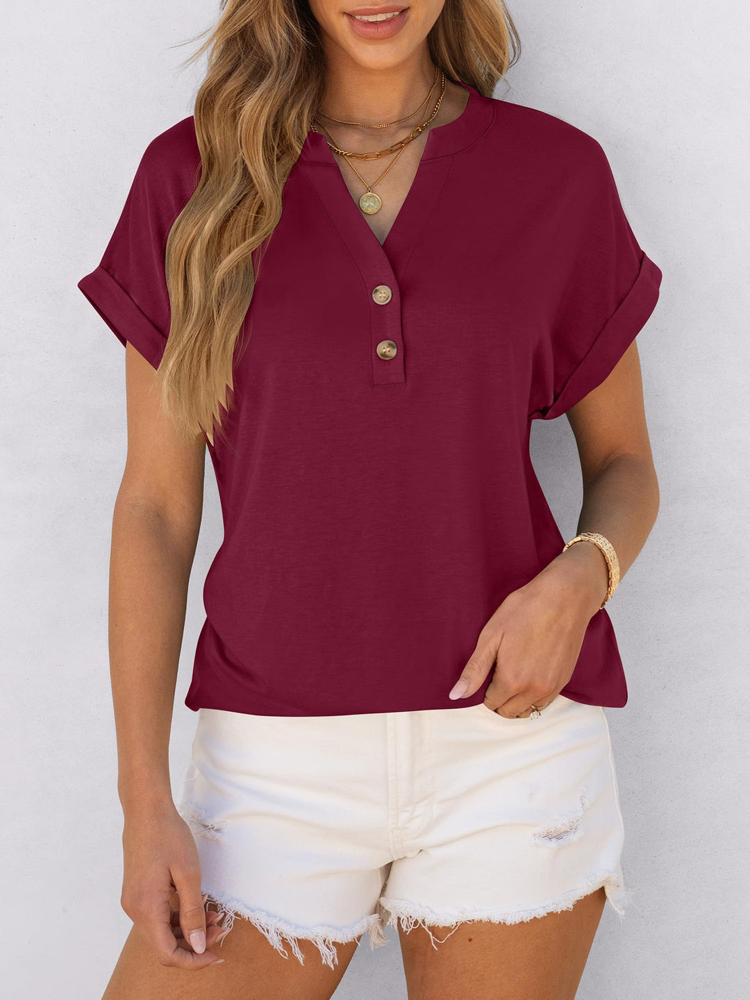 ANRABESS Womens Short Sleeve Henley Tops V Neck Dressy Casual Blouses Summer Trendy Tee Shirts 2025 Vacation Fashion Clothes