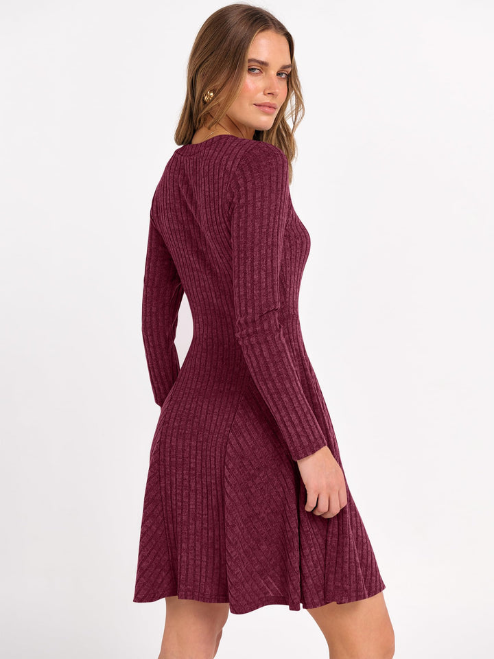 ANRABESS Women Long Sleeve Ribbed Knit Short Dresses 2025 Fall Winter V Neck Casual Swing A Line Sweater Dress