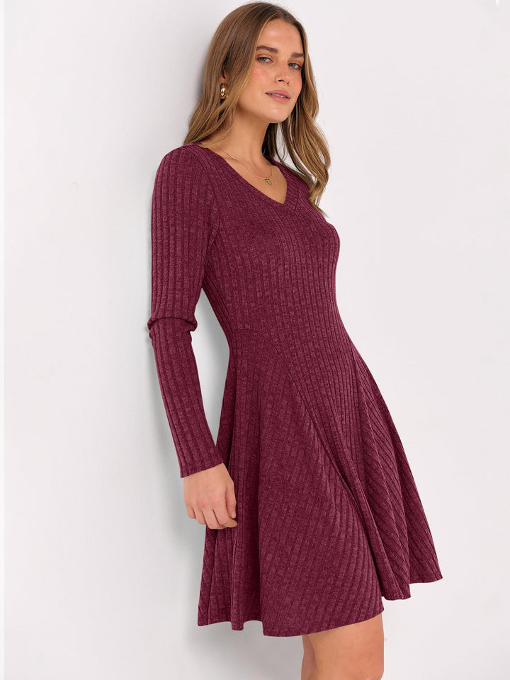 ANRABESS Women Long Sleeve Ribbed Knit Short Dresses 2025 Fall Winter V Neck Casual Swing A Line Sweater Dress