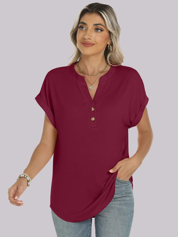 ANRABESS Womens Short Sleeve Henley Tops V Neck Dressy Casual Blouses Summer Trendy Tee Shirts 2025 Vacation Fashion Clothes