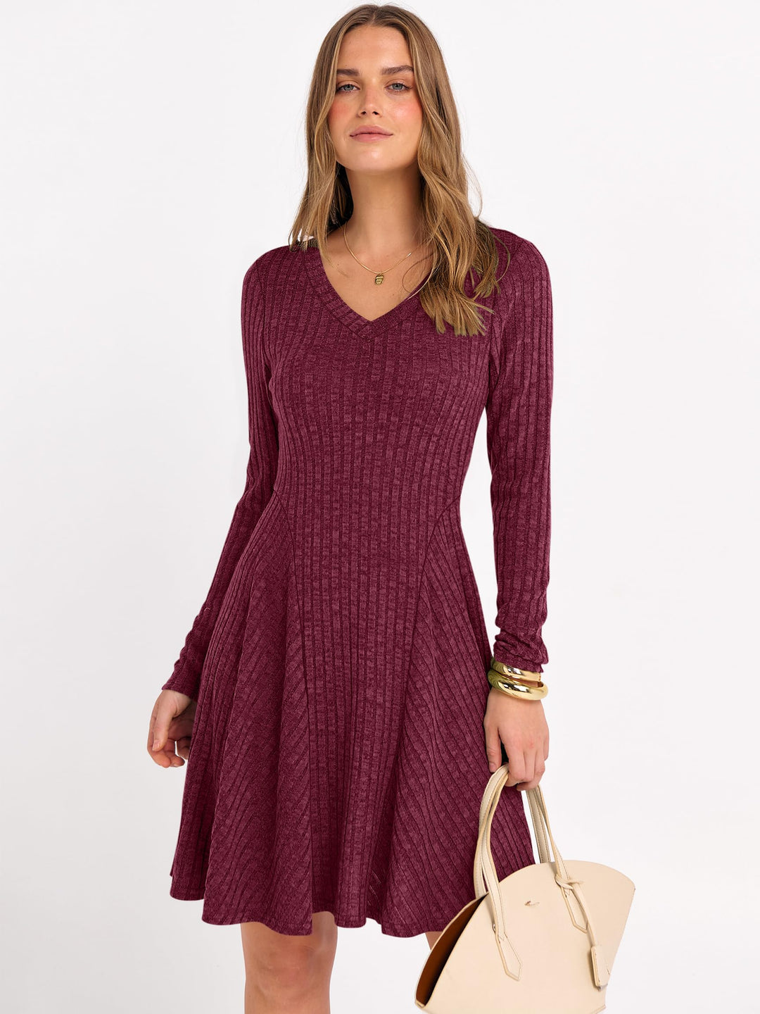 ANRABESS Women Long Sleeve Ribbed Knit Short Dresses 2025 Fall Winter V Neck Casual Swing A Line Sweater Dress