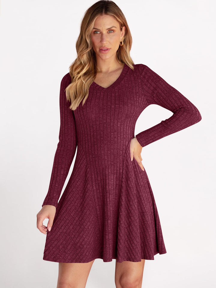 ANRABESS Women Long Sleeve Ribbed Knit Short Dresses 2025 Fall Winter V Neck Casual Swing A Line Sweater Dress