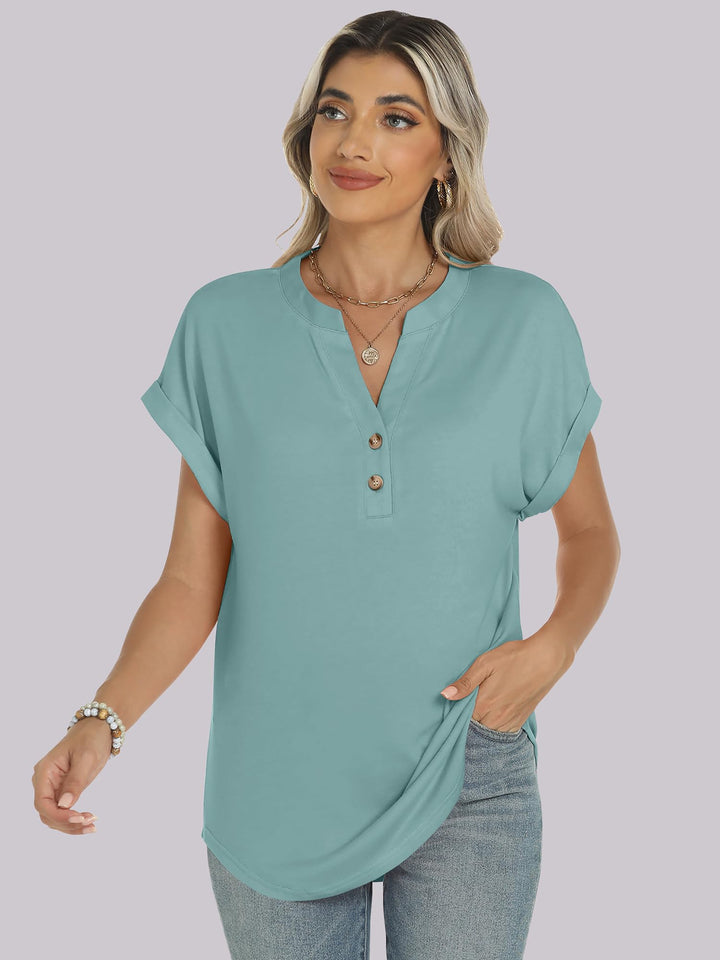 ANRABESS Womens Short Sleeve Henley Tops V Neck Dressy Casual Blouses Summer Trendy Tee Shirts 2025 Vacation Fashion Clothes