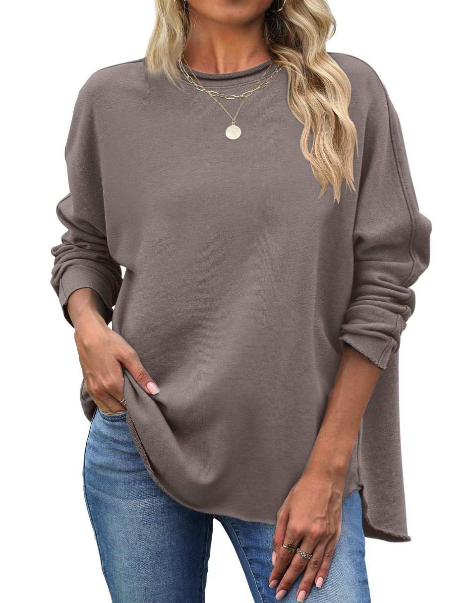 ANRABESS 2025 Fall Fashion Sweatshirt for Women Raw Edges Long Sleeve Shirts Crewneck Loose Fit Curve Hem Pullover Tops