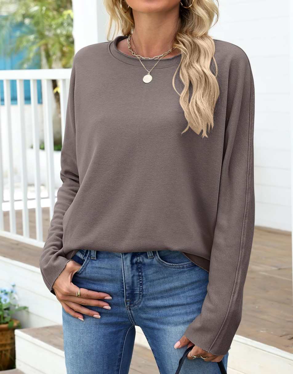 ANRABESS 2025 Fall Fashion Sweatshirt for Women Raw Edges Long Sleeve Shirts Crewneck Loose Fit Curve Hem Pullover Tops