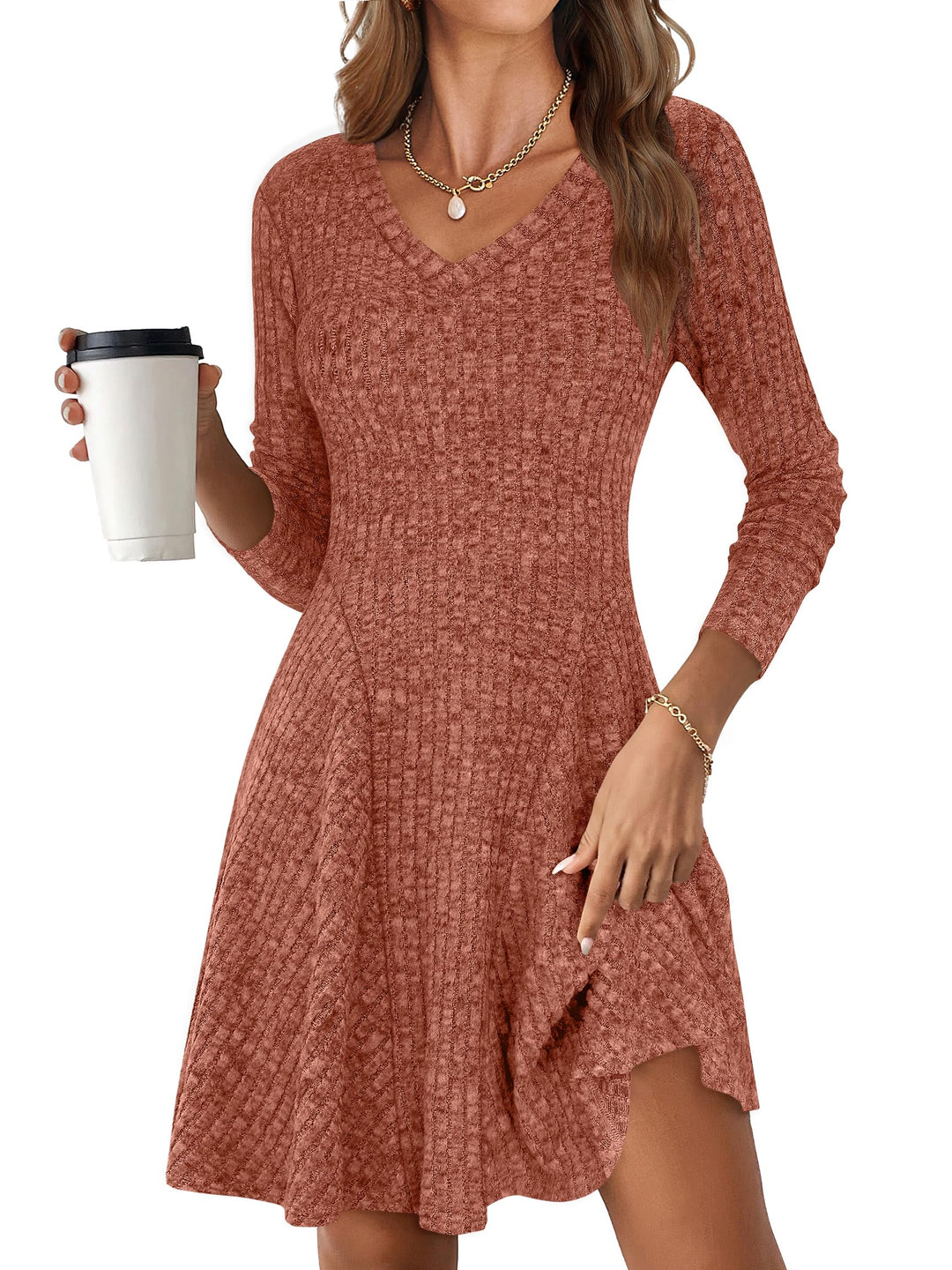 ANRABESS Women Long Sleeve Ribbed Knit Short Dresses 2025 Fall Winter V Neck Casual Swing A Line Sweater Dress