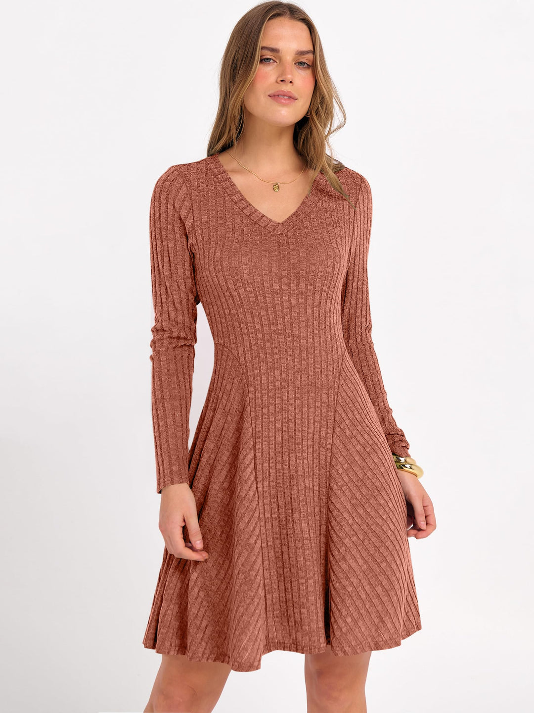 ANRABESS Women Long Sleeve Ribbed Knit Short Dresses 2025 Fall Winter V Neck Casual Swing A Line Sweater Dress