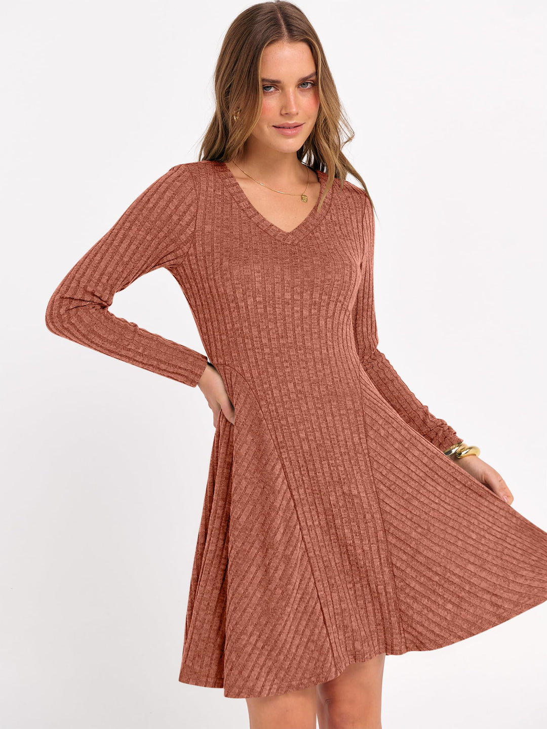 ANRABESS Women Long Sleeve Ribbed Knit Short Dresses 2025 Fall Winter V Neck Casual Swing A Line Sweater Dress