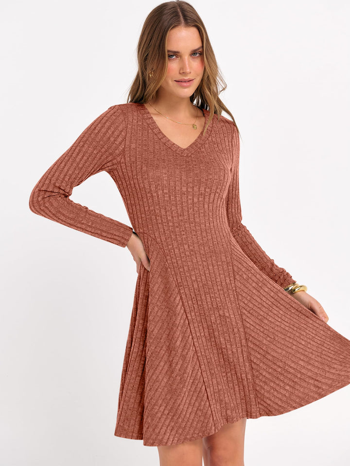 ANRABESS Women Long Sleeve Ribbed Knit Short Dresses 2025 Fall Winter V Neck Casual Swing A Line Sweater Dress