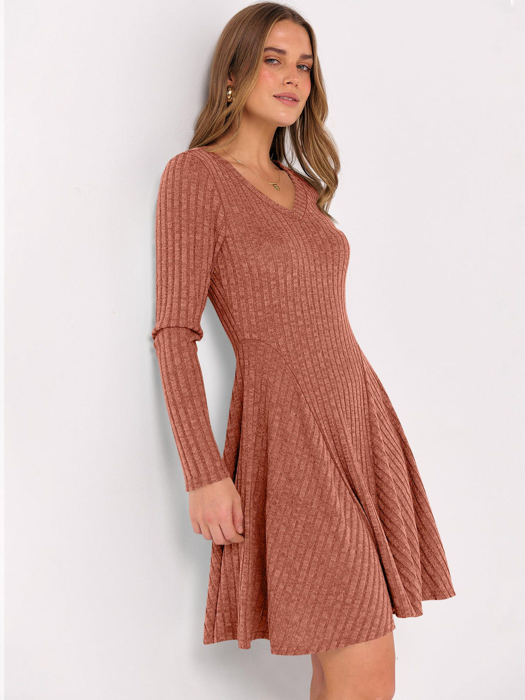 ANRABESS Women Long Sleeve Ribbed Knit Short Dresses 2025 Fall Winter V Neck Casual Swing A Line Sweater Dress