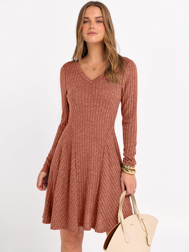 ANRABESS Women Long Sleeve Ribbed Knit Short Dresses 2025 Fall Winter V Neck Casual Swing A Line Sweater Dress