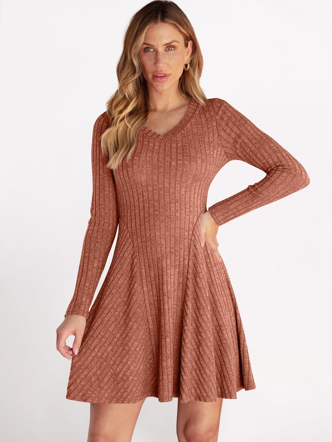 ANRABESS Women Long Sleeve Ribbed Knit Short Dresses 2025 Fall Winter V Neck Casual Swing A Line Sweater Dress
