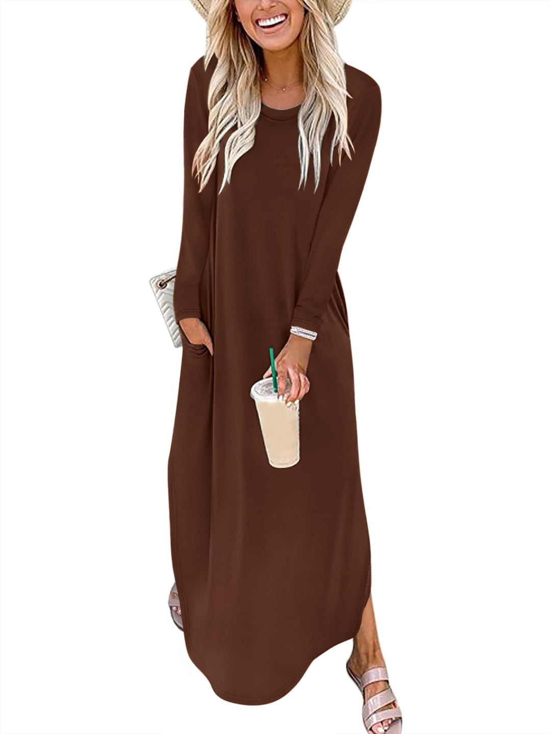 ANRABESS Women's Long Sleeve Maxi Dresses 2025 Fall Outfits Casual Loose Split Travel Vacation T Shirt Dress with Pockets