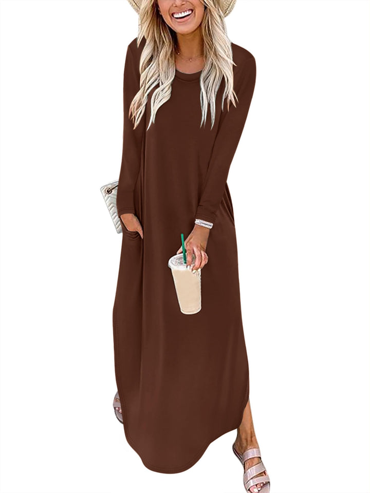 ANRABESS Women's Long Sleeve Maxi Dresses 2025 Fall Outfits Casual Loose Split Travel Vacation T Shirt Dress with Pockets