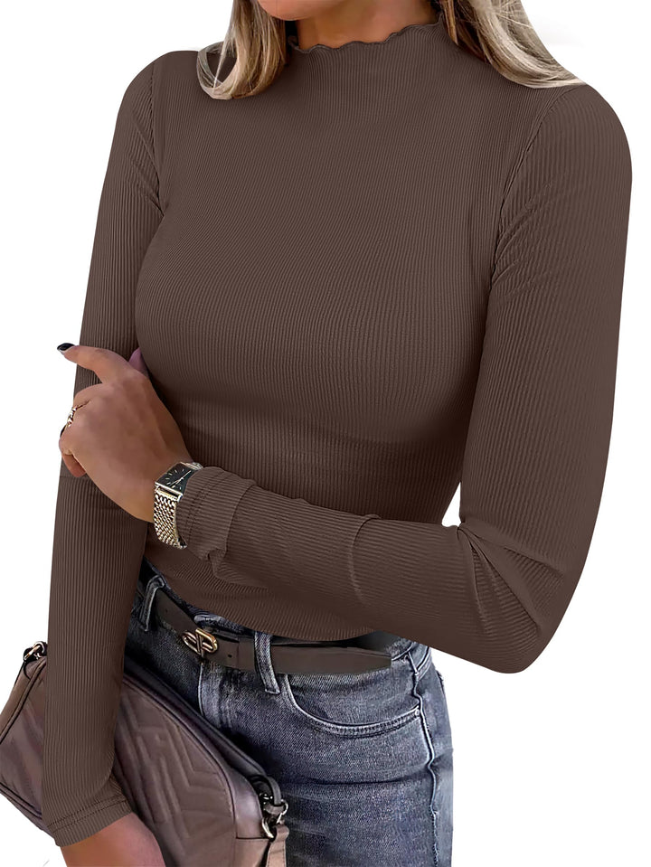 ANRABESS Women's Lettuce Trim Mock Neck Long Sleeve Tops 2025 Casual Dressy Ribbed Knit Slim Fit Tee Shirt Fall Layer Outfits