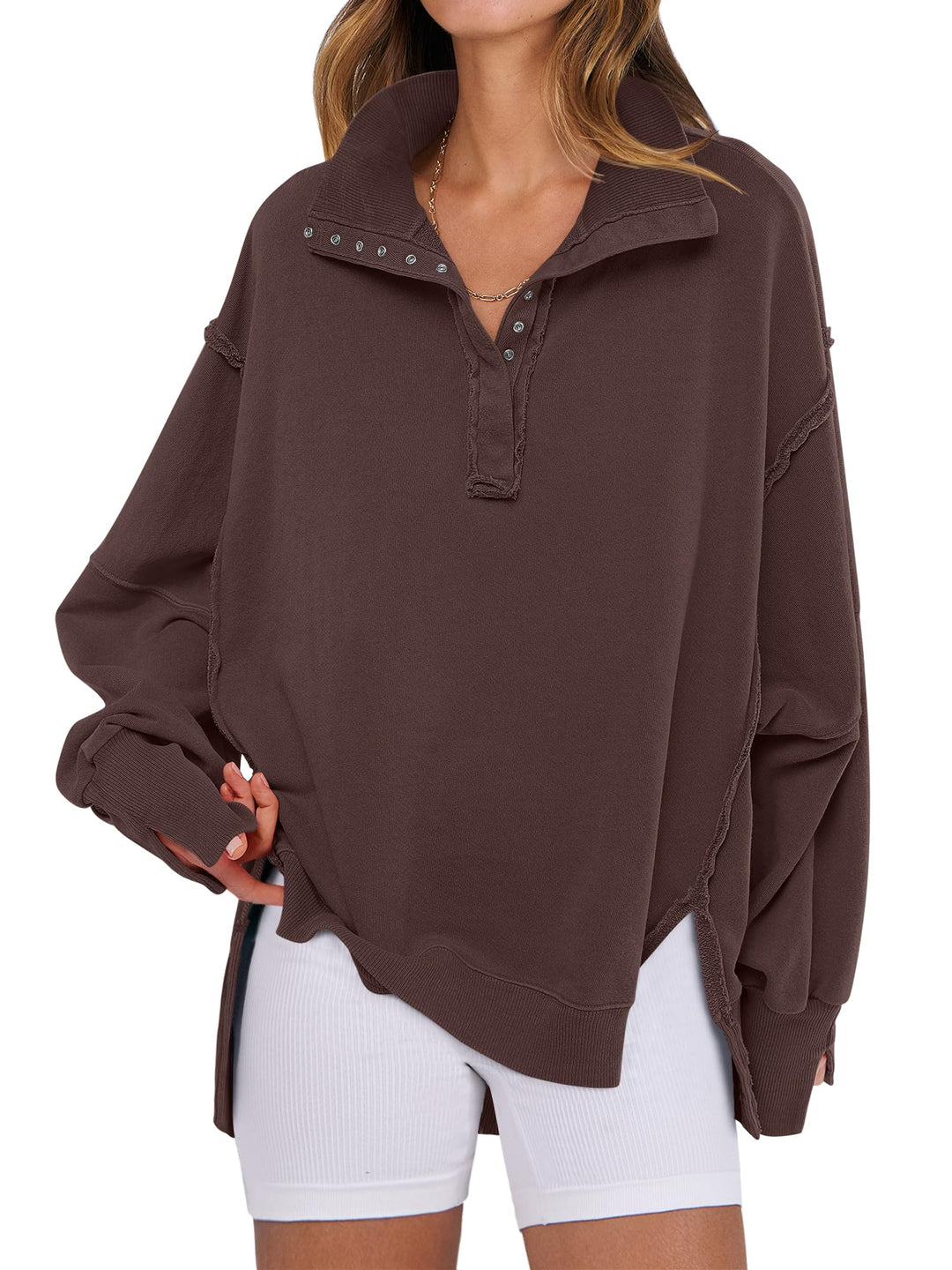 ANRABESS Women's Sweatshirts Oversized Casual Loose Button Up Henley Pullover Top High Low Split 2025 Fall Fashion Outfits