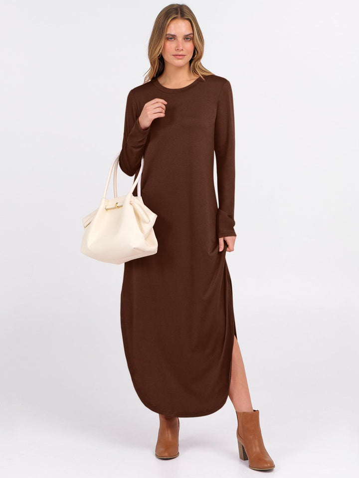 ANRABESS Women's Long Sleeve Maxi Dresses 2025 Fall Outfits Casual Loose Split Travel Vacation T Shirt Dress with Pockets