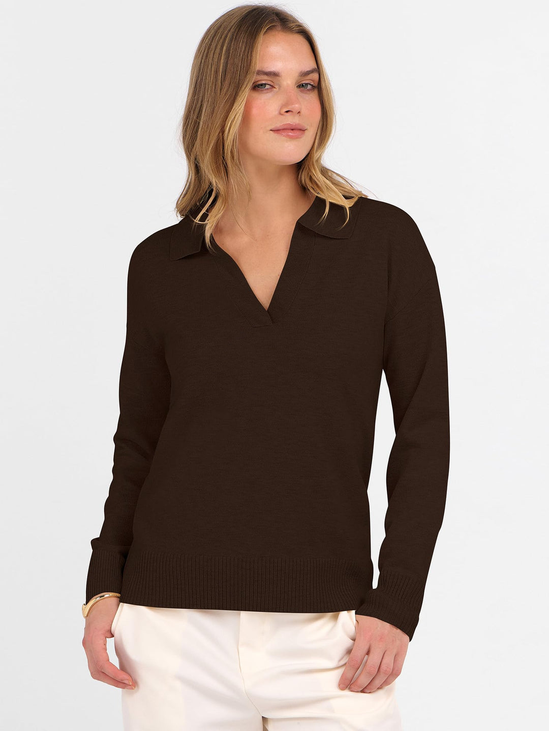 ANRABESS Womens Polo V Neck Long Sleeve Sweaters Lightweight Dressy Casual Business Basic Knit Pullover Top 2025 Fall Outfits